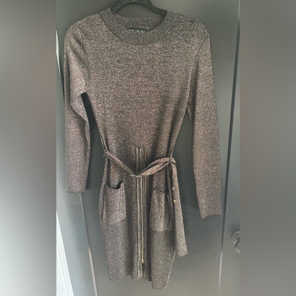 Black and gold sweater dress with belt